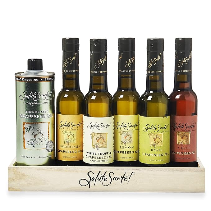 Salute Santé! Grapeseed Oil Gift Set – Oprah’s Favorite Pack of Six Cold-Pressed &amp Infused Oils – Healthy Cooking Oil Bundle for Foodies Home Chefs &amp Entertaining – Vegan Non-GMO High Smoke