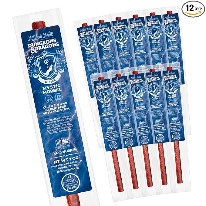 Mythical Meats Dungeons &amp Dragons Mystic Morsel (Wizard) - 12 Jerky Sticks - Chipotle and Garlic Beef with Yak Stick Gluten Free MSG Free