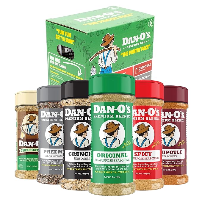 Dan-O's 6 Bottle Seasoning Set Small Bottles 6 Pack Includes Original Spicy Chipotle Crunchy Cheesoning and Preem-O Seasonings Sugar Free Zero Calorie All-Purpose Seasoning Kit