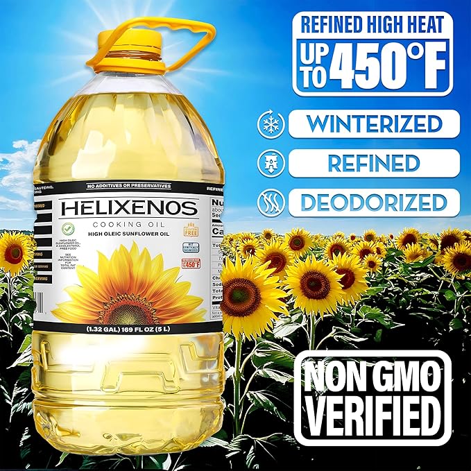 HELIXENOS High Oleic Sunflower Oil – Refined Deodorized &amp Winterized Non-GMO Gluten-Free Heart-Healthy Cooking Oil for Frying Baking Salad Dressing &amp Skincare (169 Fl Oz x3)