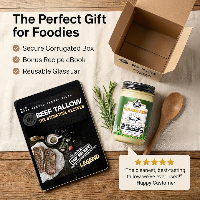 100% Pure Grass Fed Beef Tallow for Cooking – Clean Non-Seed Oil Cooking Fat - Keto and Paleo Diet Friendly – Perfect for Whole 30 – Carnivore Diet – Gluten Free Protein Snacks for Adults – Made in th