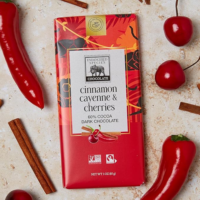Endangered Species Natural Dark Chocolate Bar with Cinnamon Cayenne and Cherries 3 Ounce - 12 per case.