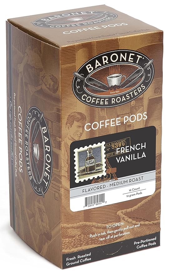 Baronet Coffee French Vanilla Coffee Pods Bag - Flavored Medium Roast - 3 Boxes of 16 Single Serve Pods - 48 Count 12 Grams - Individually Wrapped for Freshness - Rich Traditional Flavor