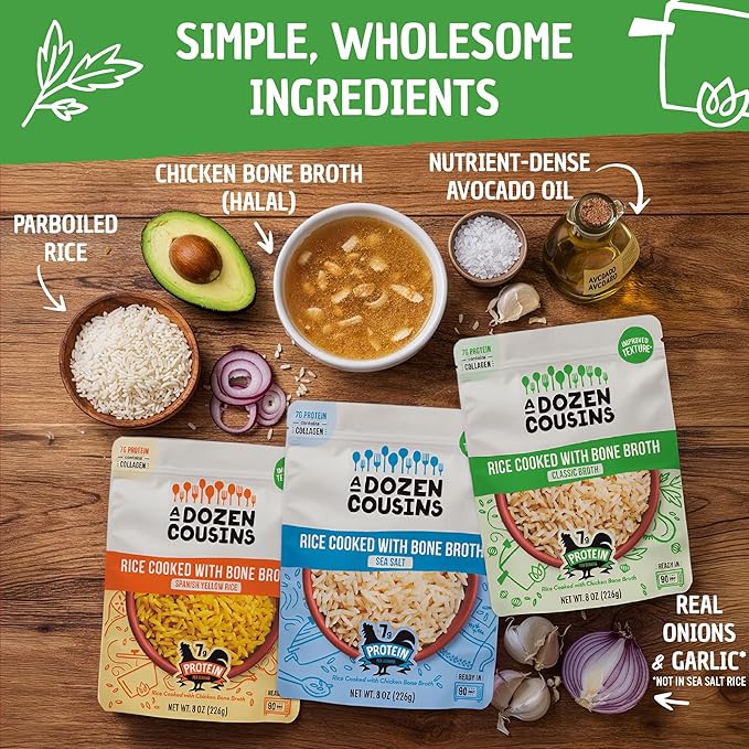 A Dozen Cousins Bone Broth Rice Variety 6pk Ready to Eat Seasoned High Protein Rice Clean Ingredients Sea Salt Classic Spanish Easy Side Dish Halal Chicken Bone Broth Gluten Free 8oz Packets