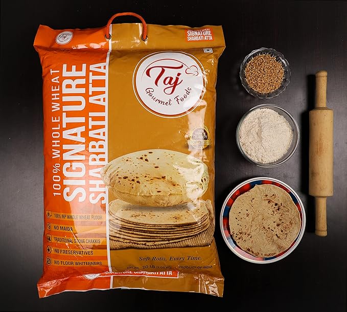 TAJ Signature Sharbati Atta 10lbs (Chakki Atta - Stone Ground) 100% Whole Wheat Flour Chappati Flour