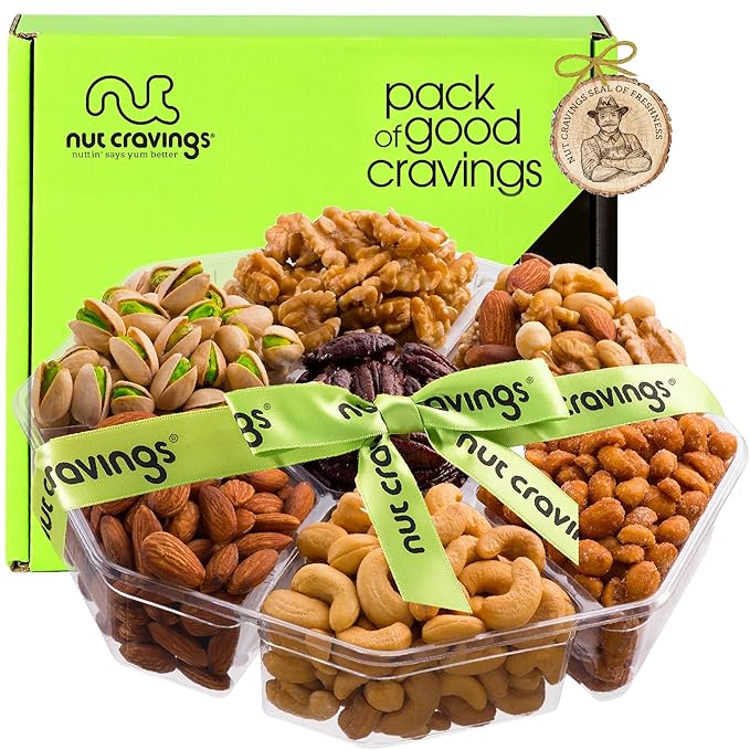 NUT CRAVINGS - Easter Mixed Nuts Gift Basket + Green Ribbon (7 Assortments 2.2 LB) Ramadan Gifts Saint Patrick's Day Treats for Adults Food Arrangement Healthy Snack Care Package Kosher
