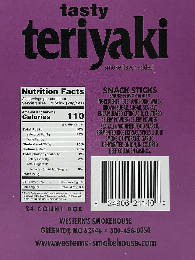 Western's Smokehouse Meat Sticks Teriyaki Beef and Pork Jerky Sticks – Pack of 24 Teriyaki Meat Sticks (1.0 Ounce) - Gluten-Free MSG-Free Soy-Free Nitrate-Free Nitrite-Free