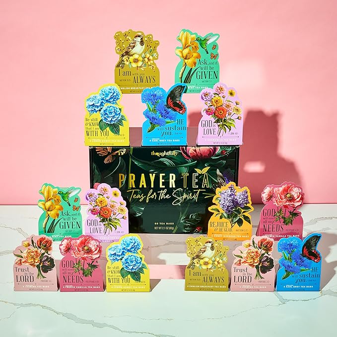 Thoughtfully Tea Affirmations Religious Gift Set 15 Gifts in 1 with Bible Verses 8 Flavors in 15 Floral Boxes with 4 Bags Each Christian Gifts for Women Bible Study Prayer Group Easter Gift