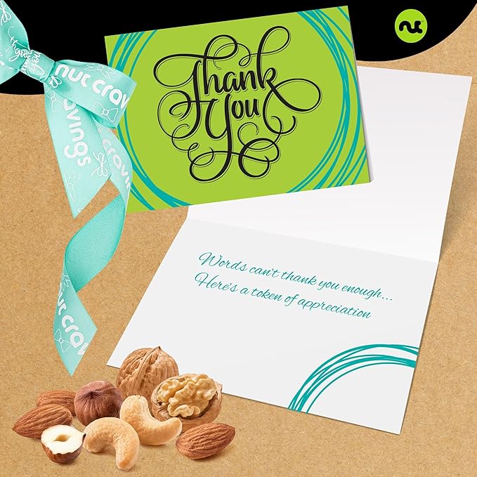 NUT CRAVINGS - Thank You Appreciation Mixed Nuts Gift Basket with Thank You Ribbon + Greeting Card (7 Assortments) Food Platter Healthy Snack Care Package Food Assortments