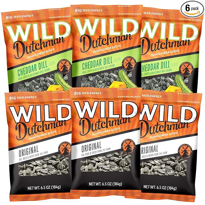 Wild Dutchman Roasted Sunflower Seeds in a Resealable Bag for Ultimate Freshness and an Easy Pour Original 6.5 oz &amp Cheddar Dill 5.5 oz (Pack of 6)