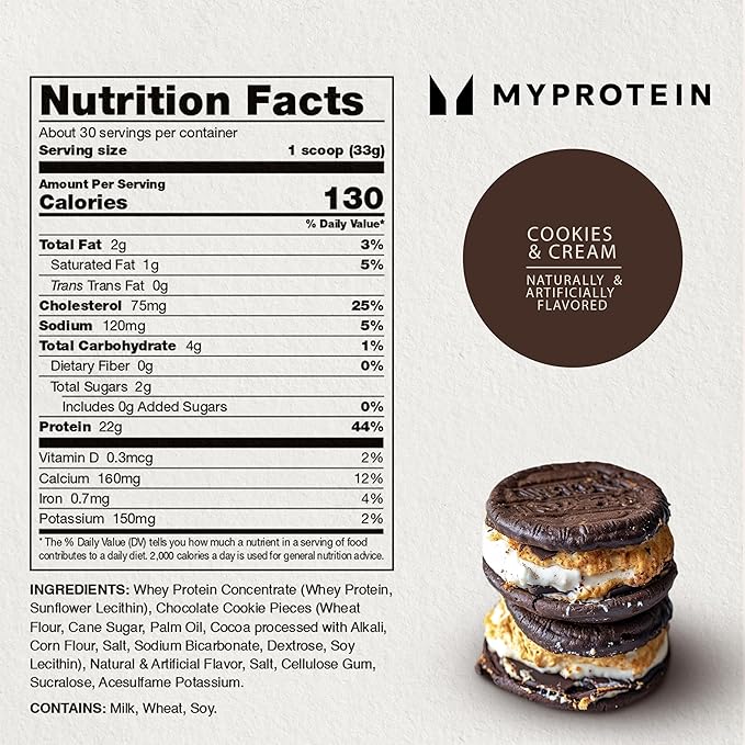Myprotein Impact Whey Protein Powder 2.2 Lbs (32 Servings) Cookies &amp Cream 22g Protein &amp 5g BCAA Per Serving Protein Shake for Superior Performance Muscle Strength &amp Recovery Gluten F