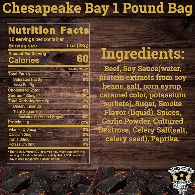 Lone Star Chesapeake Bay Flavored Beef Jerky - 1 Pound Resealable Bag - Hickory Smoked Handcrafted Flavor - High Protein Healthy Meat Snack