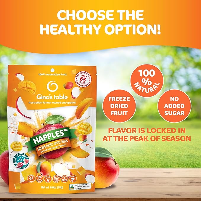 Happles Freeze Dried Apples with Mango Fruit Powder – 100% Natural No Added Sugar Healthy Low Calorie Apple Crisps Snack for Adults &amp Kids Gluten Free No Artificial Flavours (10 Pack)