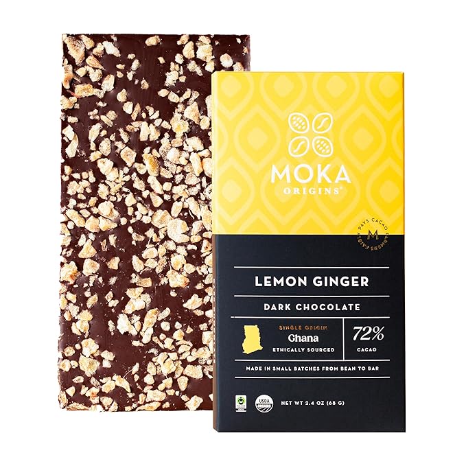 Moka Origins Organic Chocolate Bar Pack – Bean-to-Bar Direct &amp Fair Trade Small-Batch Ethically Sourced Gourmet Artisan Craft Chocolate (6-Pack Lemon Ginger)