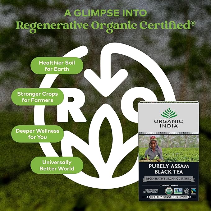 Organic India Purely Assam Black Tea - Caffeinated Herbal Tea Bags with Natural Assam Leaves Enjoy with Milk &amp Sweetener USDA Organic Non-GMO Fairtrade Certified - 18 Bags (Pack of 6)