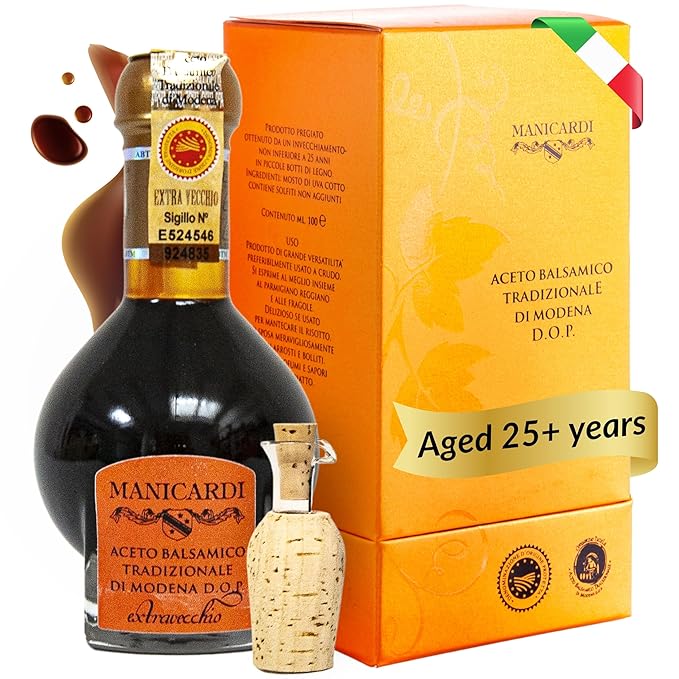 MANICARDI Extra Aged Balsamic Vinegar of Modena PDO - 25 Years - Perfect for Snacks Pasta Vegetables Salad Dressings and Meat - Made in Italy - 3.38 Fl Oz (100 ml)