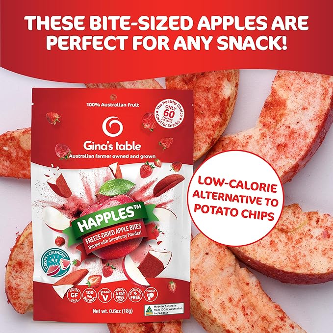 Happles Freeze Dried Apples with Strawberry Fruit Powder – 100% Natural No Added Sugar Healthy Low Calorie Apple Crisps Snack for Adults &amp Kids Gluten Free No Artificial Flavours (10 Pack)