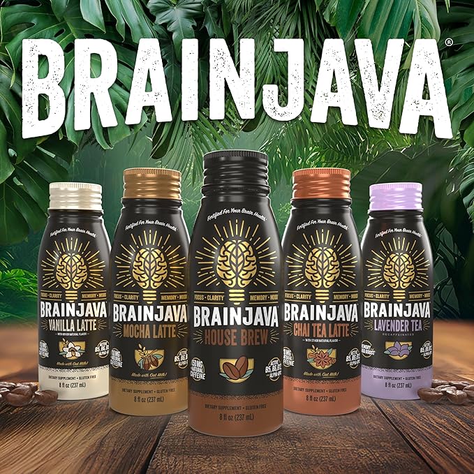 Brainjava Lavender Tea Ready to Drink Beverage With L-Theanine Vitamin C Vitamin B and Potassium for Daily Balance and Wellness Caffeine Free French Lavender With Blueberry Fruit 8 Fl Oz 4 Pac