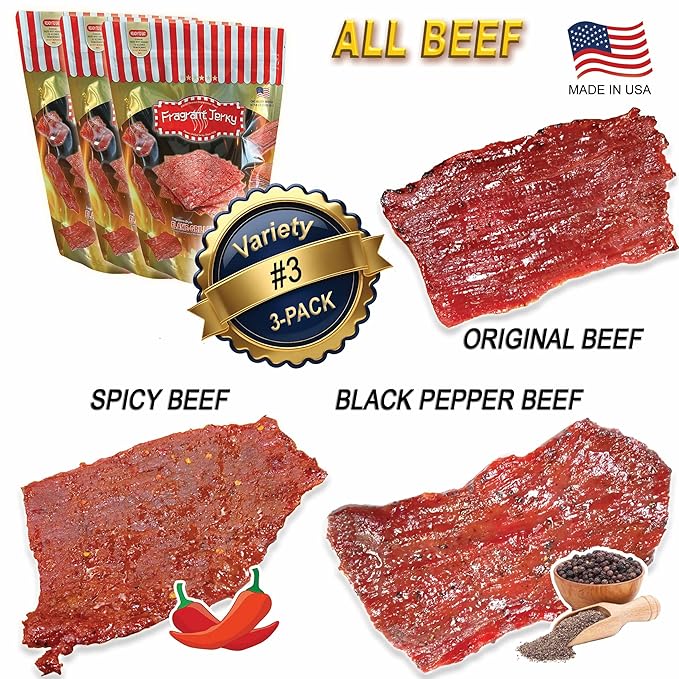 VP#3 ALL BEEF JERKY - MIXED FLAVORS (Black Pepper Spicy Original Beef each 4oz) *Fresh Grilled to Order *Shipped the Same Day *L.A. Times Handmade Gift Winner