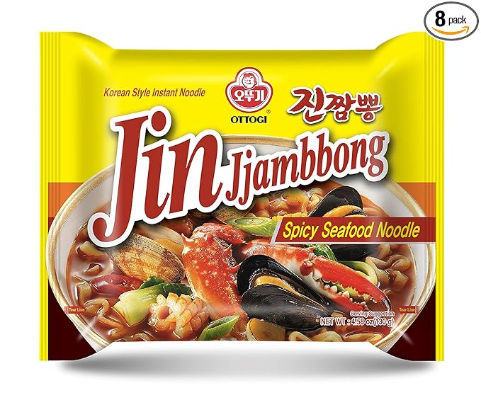 OTTOGI JIN Jjambbong Korean Instant Ramen – Spicy Seafood Noodles Red Broth 4.58 oz (Pack of 8)