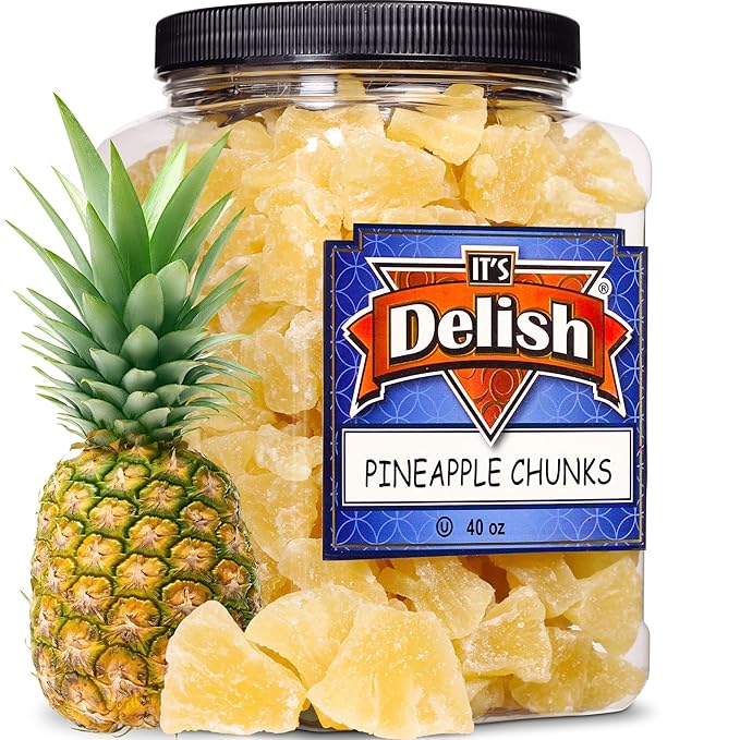 Delicious Dried Pineapple Chunks by It's Delish - 2.5 Lbs Reusable Jumbo Container | Lightly Sweetened Candied Fruit Low Sugar Vegan &amp Kosher Dry Fruit Snacks