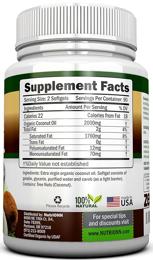 ORGANIC COCONUT OIL Capsules - 180 Softgels - 4000 MG Daily - Cold-Pressed Extra Virgin Coconut Oil - Certified USDA Organic - Great For Hair Skin And Acne
