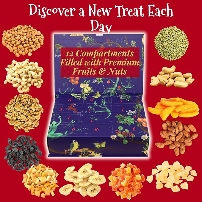 12-Day Advent Calendar with Dried Fruit &amp Nuts and Crackers Holiday Snack Gift Box Gourmet Nut &amp Fruit Sampler Christmas Countdown Treat for Adults Kids &amp Families