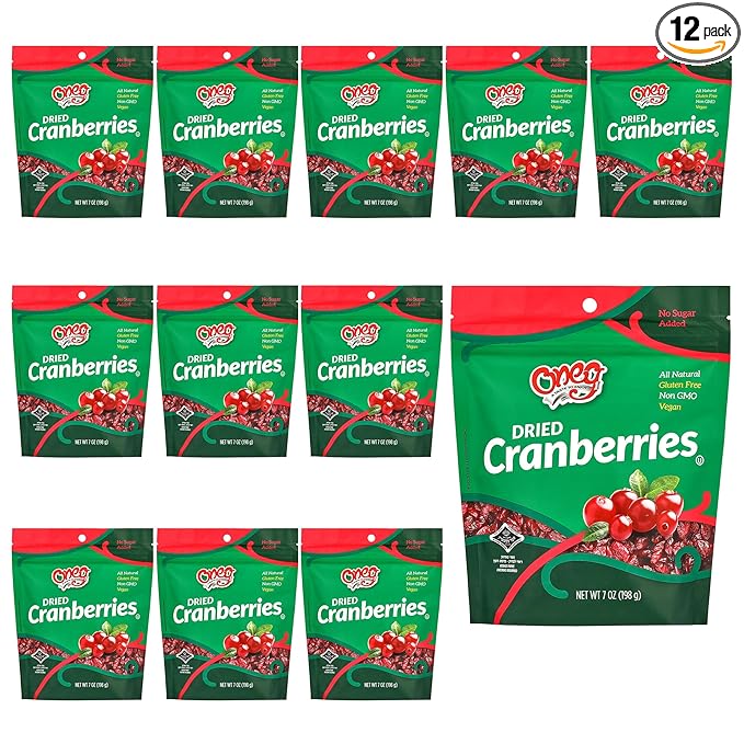 Oneg Dried Cranberries Dried Fruit Snack Gluten Free All Natural Healthy Snack for Kids and Adults Non-GMO Vegan No Sodium Cranberry Fruit Snack Sweet Snack in Resealable Bag 12 Pack 84 0z.