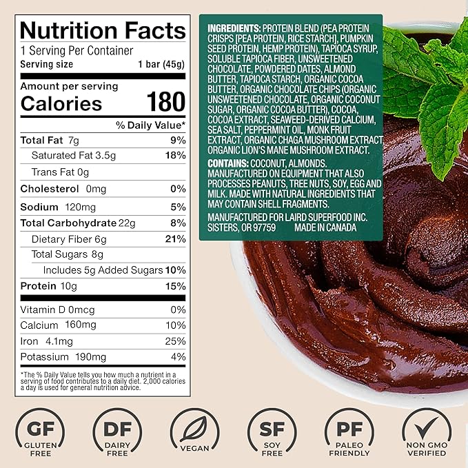 Laird Superfood Functional Protein Bars – Protein Bar but Better with Real Ingredients Functional Mushrooms 10g Plant-Based Protein 6g Fiber - Non-GMO - Mint Chocolate 10 Count (Pack of 1)