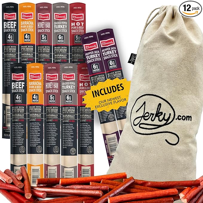 Jerky.com Jerky Gifts for Men | 12 Piece Meat Sticks Sampler with Beef Sticks Pork Ham Sriracha Turkey | High Protein Low Carb Keto Friendly Beef Jerky Snack Pack | Easter Gifts for Adults