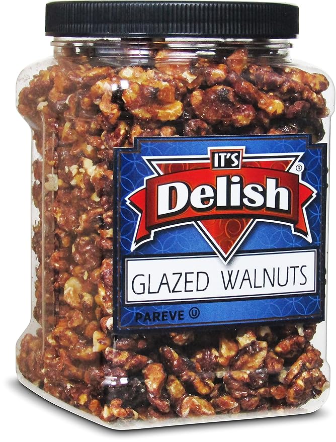 Gourmet Glazed Walnuts by Its Delish 30 Oz Jumbo Reusable Container (Jar) – Vegan Kosher Non-GMO No Artificial Flavors – Healthy Protein-Packed Lightly Sweetened Walnuts for Dessert Baking Salad