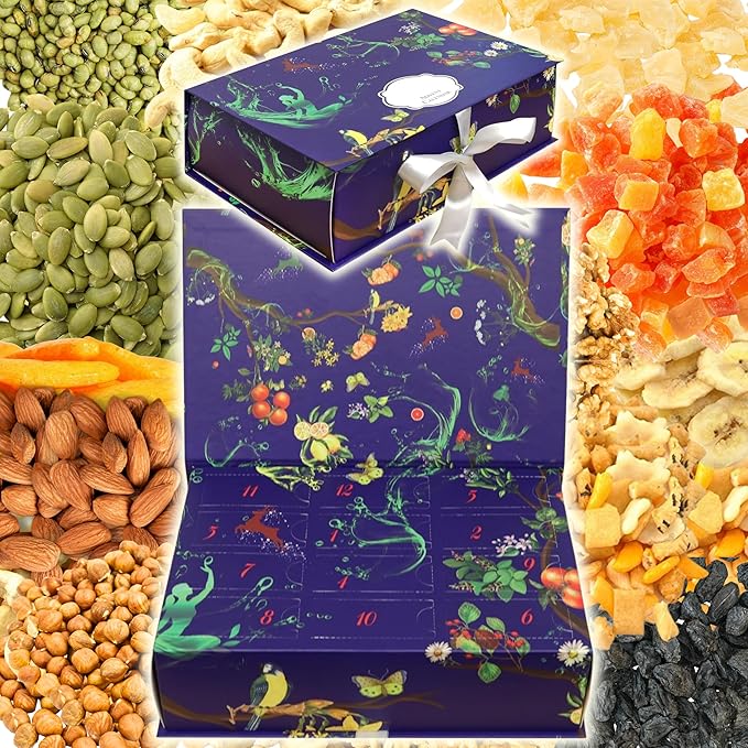 12-Day Advent Calendar with Dried Fruit &amp Nuts and Crackers Holiday Snack Gift Box Gourmet Nut &amp Fruit Sampler Christmas Countdown Treat for Adults Kids &amp Families