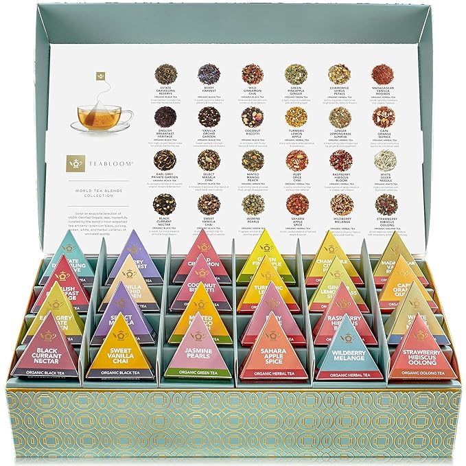 Teabloom - World's Finest Pyramid Tea Collection 24 Varieties of USDA Certified Organic &amp Kosher Teas - Black Tea Green Tea White Tea Oolong Tea and Herbal/Fruit Tea Blends