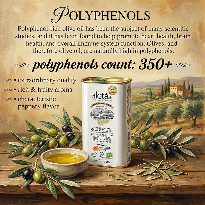 Aleta Farms Olive Oil Extra Virgin USDA Organic Single Estate PDO Polyphenol Rich Olive Oil Cold Pressed Global Gold Awards EVOO Kosher. 16.9 Fl Oz (Pack of 1)