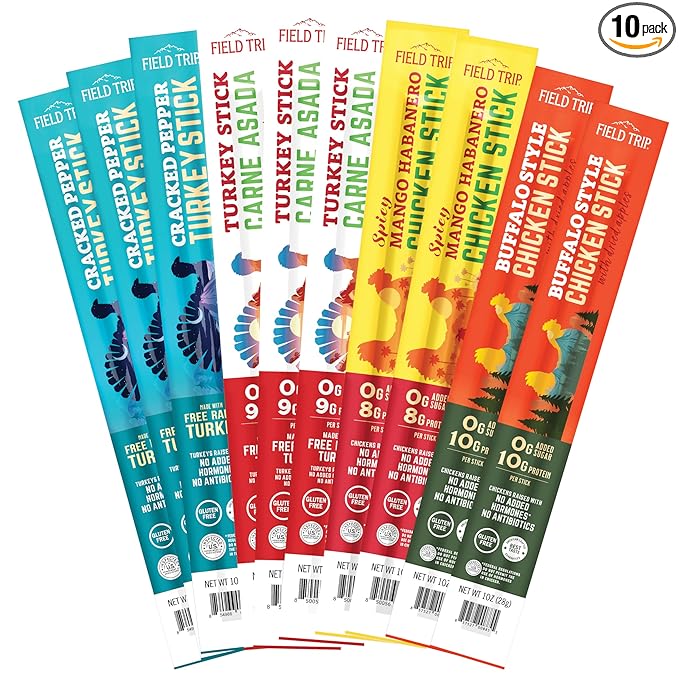 Field Trip 10 Pack Chicken and Turkey Sticks Variety Pack - Keto Paleo Gluten Free Allergy Friendly Snack - 50 to 80 Calorie High Protein Snacks 1oz