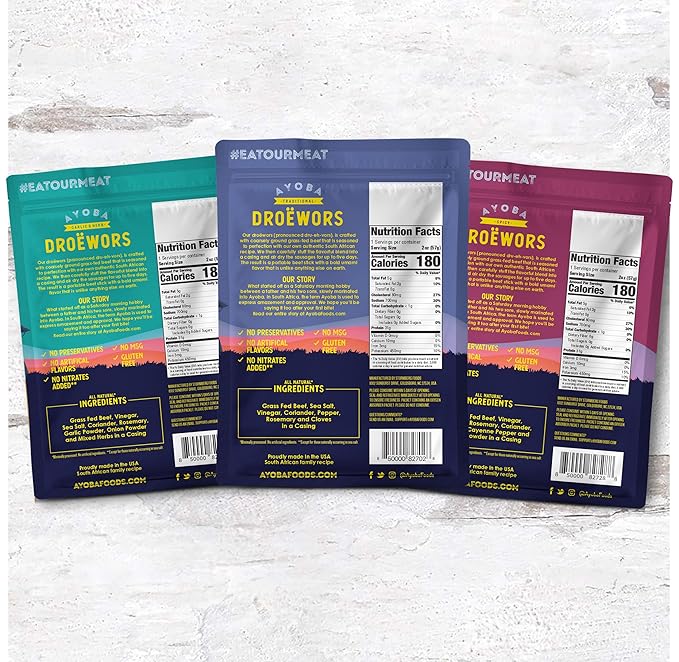 Ayoba Droewors Grass Fed Beef Paleo Sticks Variety Pack (2 Ounce Pack of 3) - Keto Friendly Air-Dried Beef Protein Sausage Snacks - Low Carb Gluten Free Nitrate Free No Sugar Meat Snacks