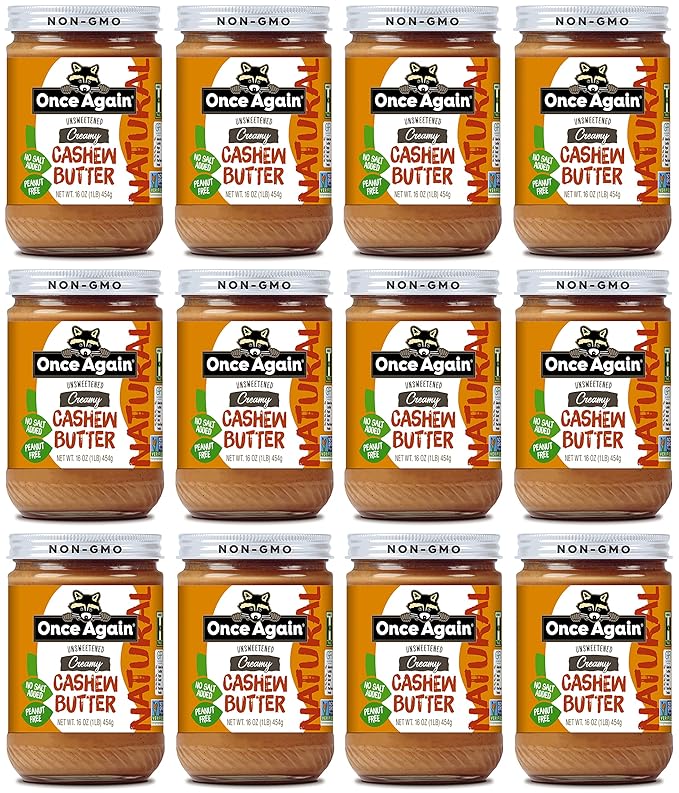 Once Again Natural Creamy Cashew Butter 16oz - Unsweetened - Peanut Free Gluten Free Certified Vegan Kosher - Glass Jar - Case of 12