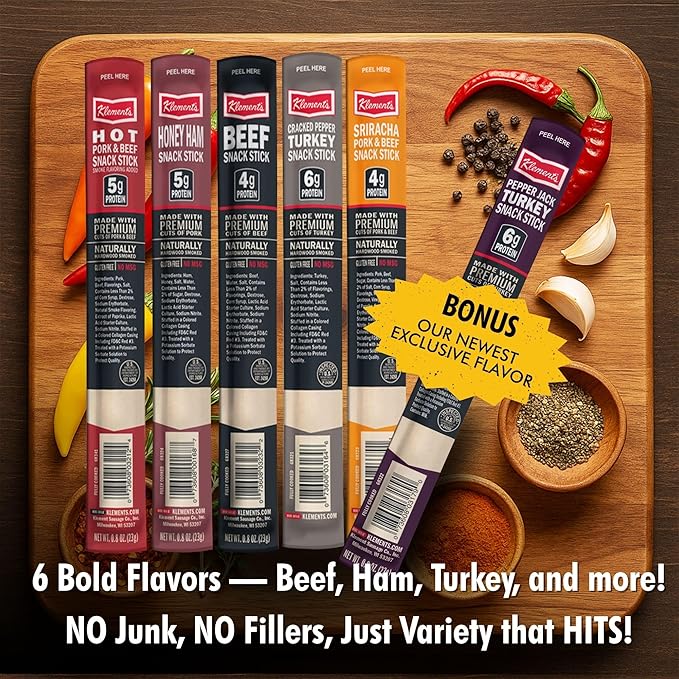 Jerky.com 12-Pack Meat Stick Variety Pack - Includes Bonus Pepper Jack Turkey Sticks - Bold Meat &amp Snack Sticks Sampler | High Protein Low Carb Keto Friendly | Turkey Ham Pork Beef Jerky Gift