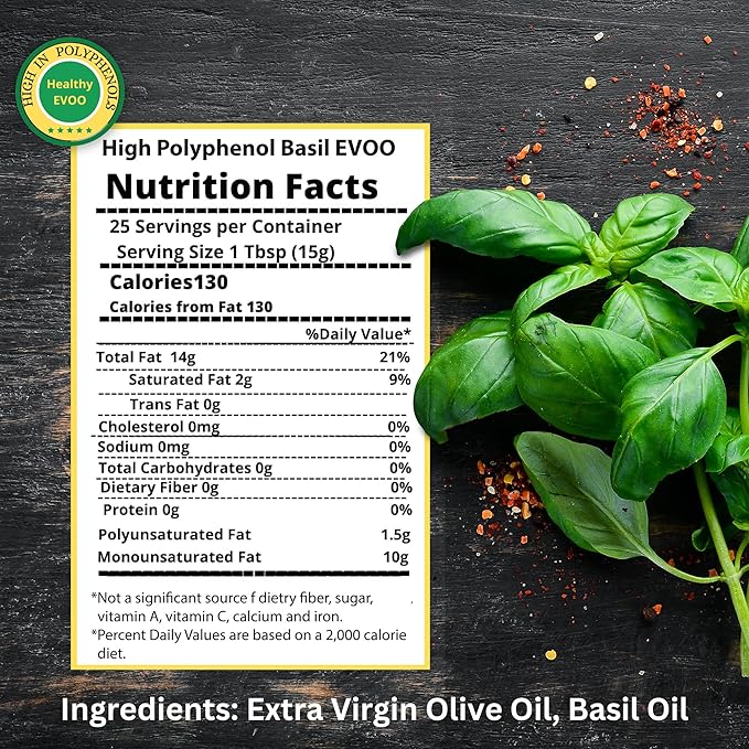 M.G. PAPPAS High Polyphenol Rich Basil Infused Olive Oil - Extra Virgin Olive Oil - Over 500mg/kg - Cold Pressed &amp Unfiltered - High Hydroxytyrosol Greek Olive Oil - Award Winning