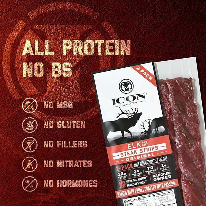 ICON Meats Elk and Beef Jerky Steak Strips Original Flavor 8 High Protein Snacks Packs 2 Strips per Pack Low Sugar Gluten Free Natural USDA Inspected Made in the USA Gifts for Him