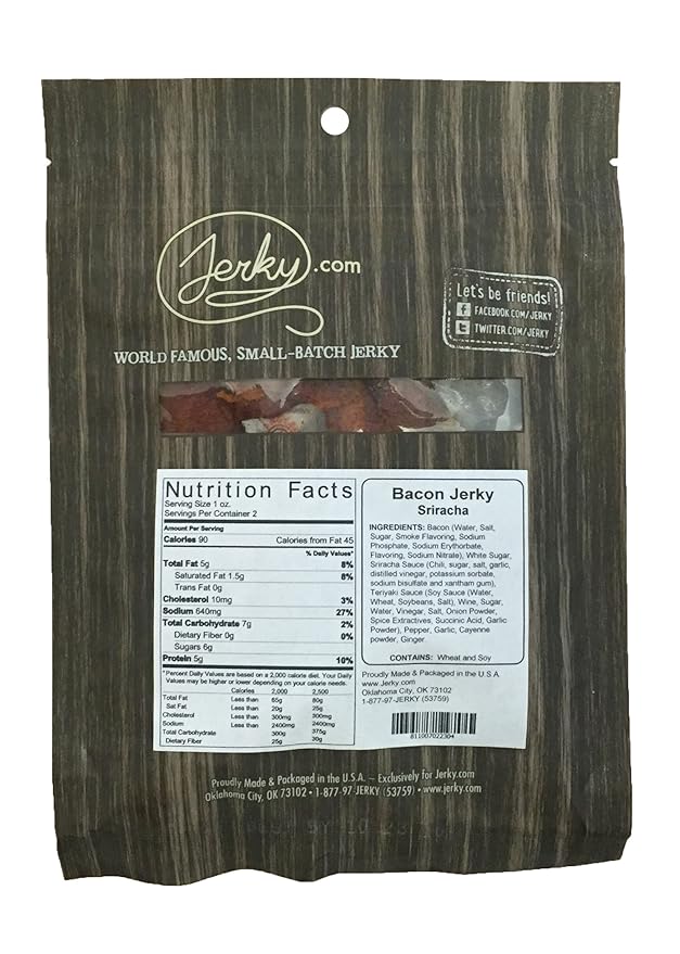 Sriracha Bacon Jerky - 3 PACK - Made with REAL Bacon and Sriracha Sauce - World Famous Small Batch Bacon Jerky - 5.25 oz. total
