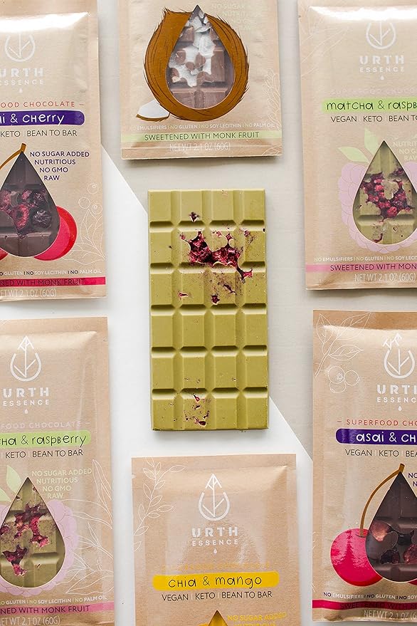 Urth Essence Sugar Free Vegan Chocolate Bars | Keto &amp Dairy Free | Healthy Vegan Gifts | Organic White Chocolate Matcha Raspberry