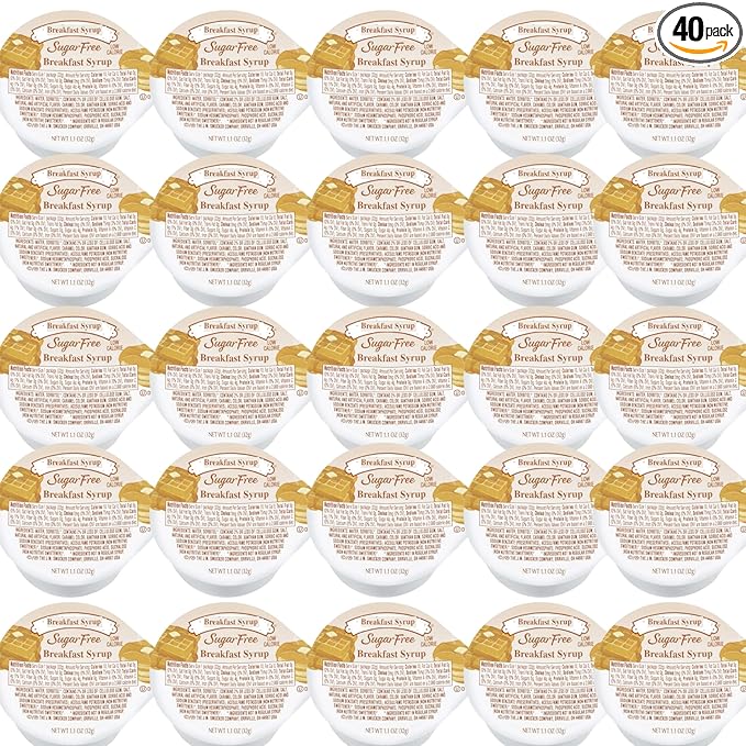 Sugar free breakfast topping low calorie sweetener portion control cups 1.1 oz 40 count keto friendly diabetic syrup alternative travel size perfect for pancakes and waffles.