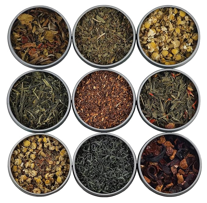 Heavenly Tea Leaves Assorted Tea Sampler Loose Leaf Tea Sampler Gift Set 9 Assorted Organic Loose Leaf Teas &amp Herbal Tisanes (Approx. 90 Servings) - Variety Pack Assortment of High to No Caffei