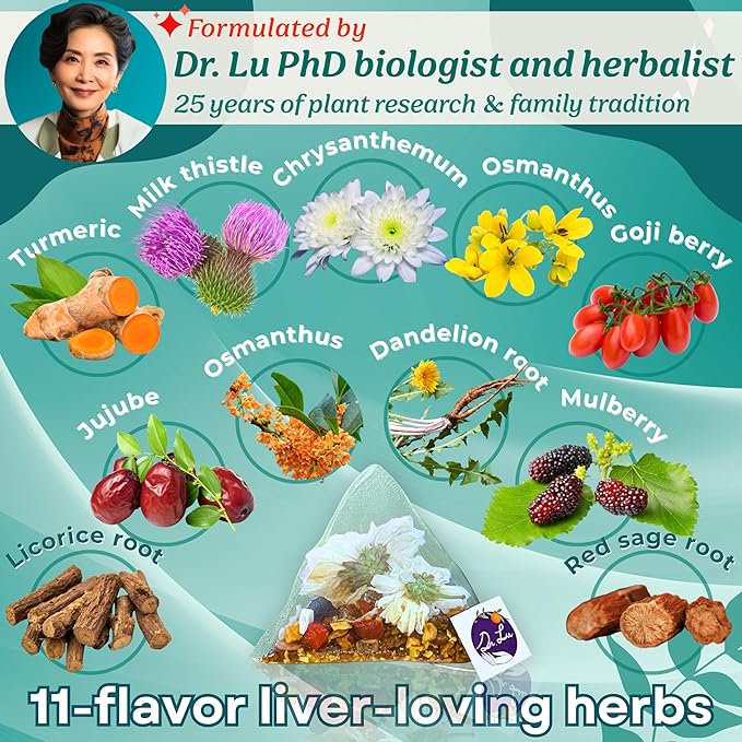 Dr. Lu’s Happy Liver Tea | 100% Natural Liver Cleanse Detox &amp Repair Tea Made in US | 11-Flavor Milk Thistle Turmeric Chrysanthemum Licorice Root Dandelion Root tea Blend for Liver Support