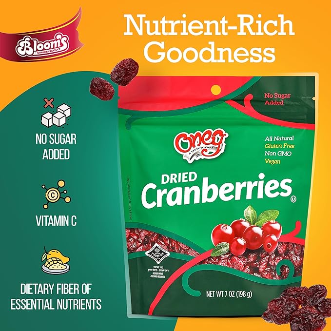 Oneg Dried Cranberries Dried Fruit Snack Gluten Free All Natural Healthy Snack for Kids and Adults Non-GMO Vegan No Sodium Cranberry Fruit Snack Sweet Snack in Resealable Bag 12 Pack 84 0z.
