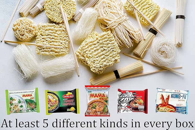 Ramen Noodles Bulk Mystery Box Variety Pack of 30 with 5 or more Flavors and Premium Reusable Chopsticks