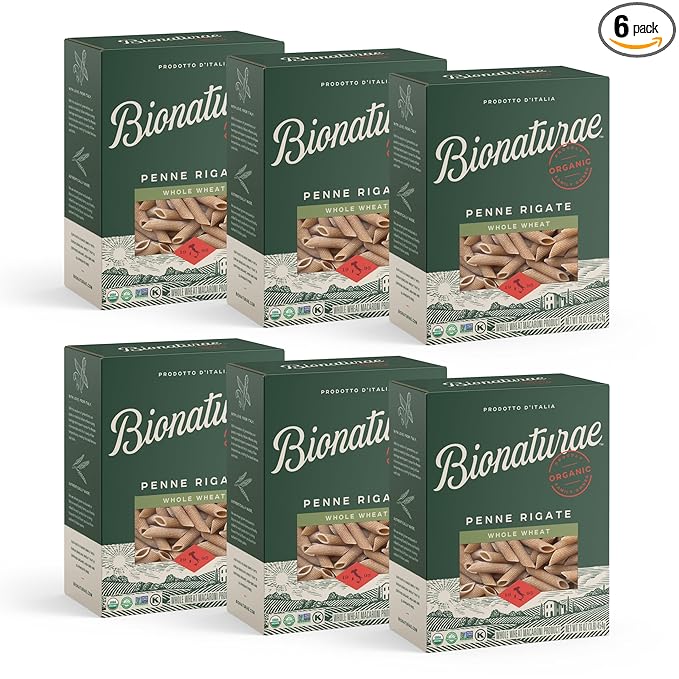 Bionaturae Penne Rigate Pasta Noodles - Whole Wheat Pasta Kosher Certified High Protein Non-GMO Verified USDA Certified Whole Wheat Penne Penne Pasta Organic Crafted in Italy - 16 Oz 6 Pack