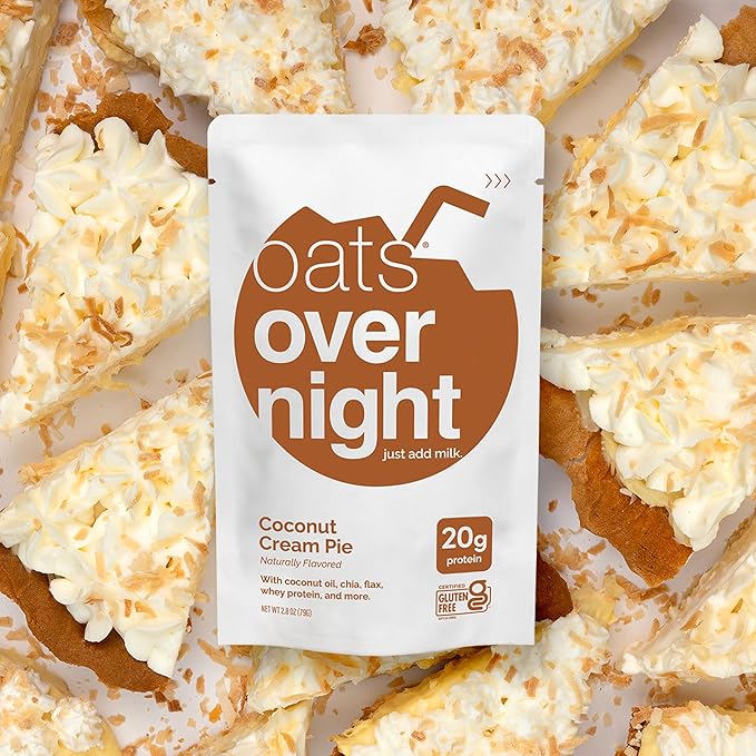 Oats Overnight Coconut Cream Pie - Overnight Oats with 20g Whey Protein High Fiber Breakfast Protein Shake - Gluten Free Oatmeal Non GMO High Protein Oatmeal (2.8 oz per Meal) (16 Pack)