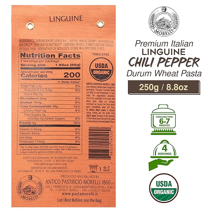 Morelli Organic Pasta Variety Pack - Black Squid Ink Pasta Linguine and Red Chili Linguine - Imported Italian Pasta Sampler - Includes Two-8.8 oz Packages of Gourmet Pasta from Italy